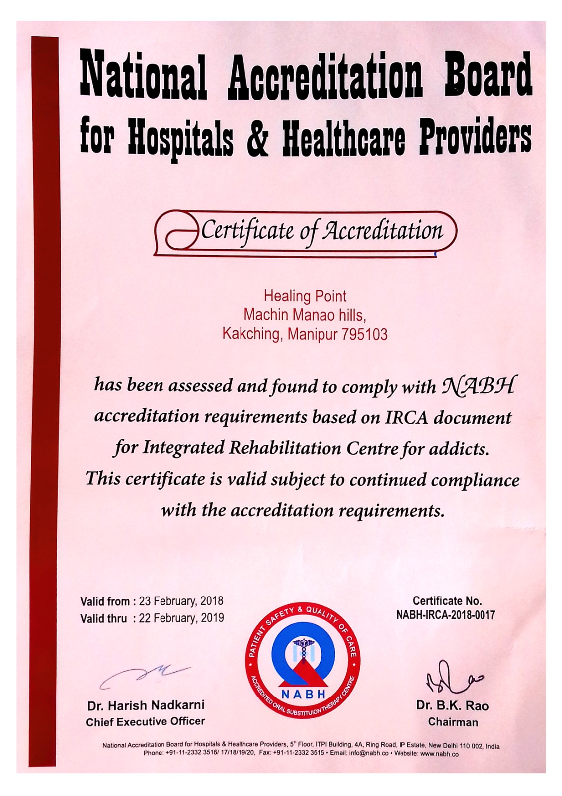 NABH Accreditation Recognition - 23 February 2018 - 22 February2019
